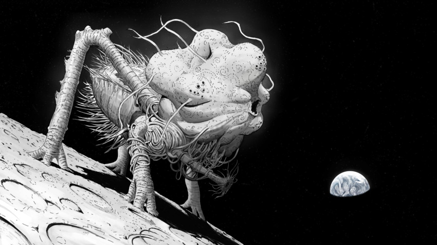 commentary earth_(planet) eldritch_abomination english_commentary giant giant_monster greyscale highres monochrome monster moon original outdoors planet space star_(sky) y_naf