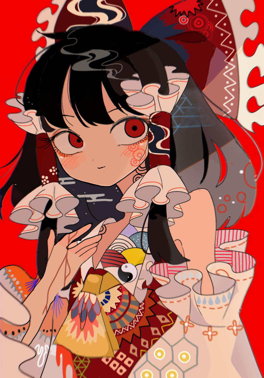 1girl absurdres adapted_costume ascot bangs black_hair bow chromatic_aberration closed_mouth collar comkdom detached_sleeves egasumi eyelashes frilled_bow frilled_collar frills hair_bow hair_tubes hakurei_reimu highres light_blush medium_hair nontraditional_miko patterned_clothing red_background red_bow red_eyes red_shirt shirt sidelocks sleeveless sleeveless_shirt solo touhou upper_body yellow_neckwear