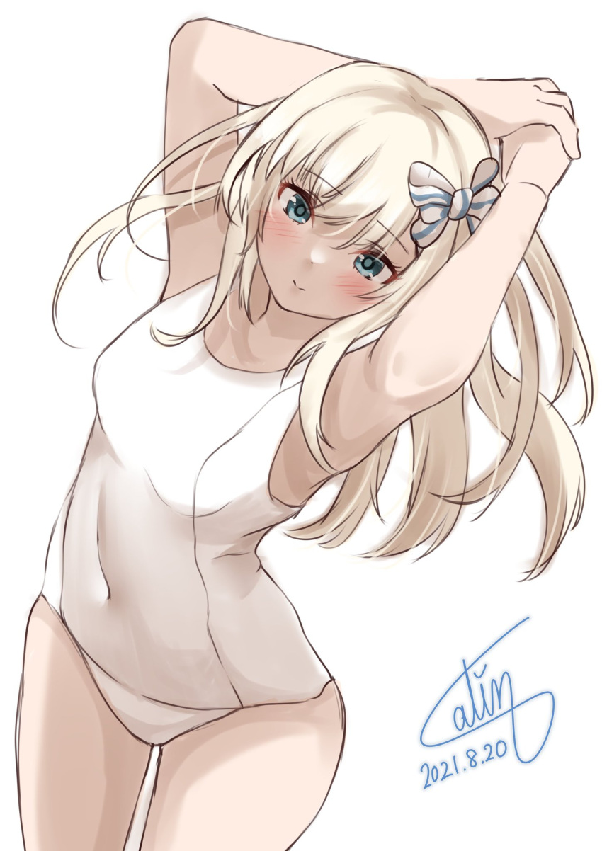 1girl arms_behind_back blonde_hair blue_eyes blush collarbone covered_navel cowboy_shot eyebrows_visible_through_hair from_above hair_between_eyes hair_ribbon highres kantai_collection long_hair looking_at_viewer old_school_swimsuit one-piece_swimsuit pen_chou ribbon school_swimsuit signature simple_background swimsuit u-511_(kancolle) white_background white_swimsuit