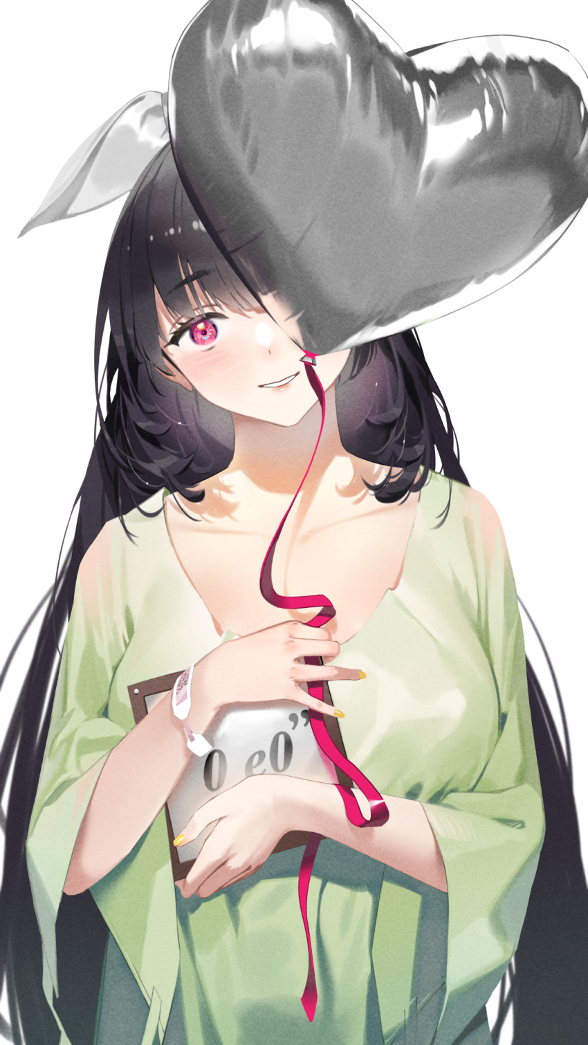 1girl balloon bangs black_hair blush breasts commentary_request eyebrows_visible_through_hair grin hair_ribbon heart_balloon highres karasu-san_(syh3iua83) long_hair looking_at_viewer original ribbon simple_background smile solo very_long_hair violet_eyes white_background