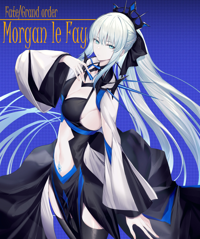 1girl absurdres aqua_eyes black_dress clothing_cutout dress fate/grand_order fate_(series) grey_hair highres huge_filesize kurogiri long_hair morgan_le_fay_(fate) navel stomach_cutout stomach_tattoo tattoo very_long_hair