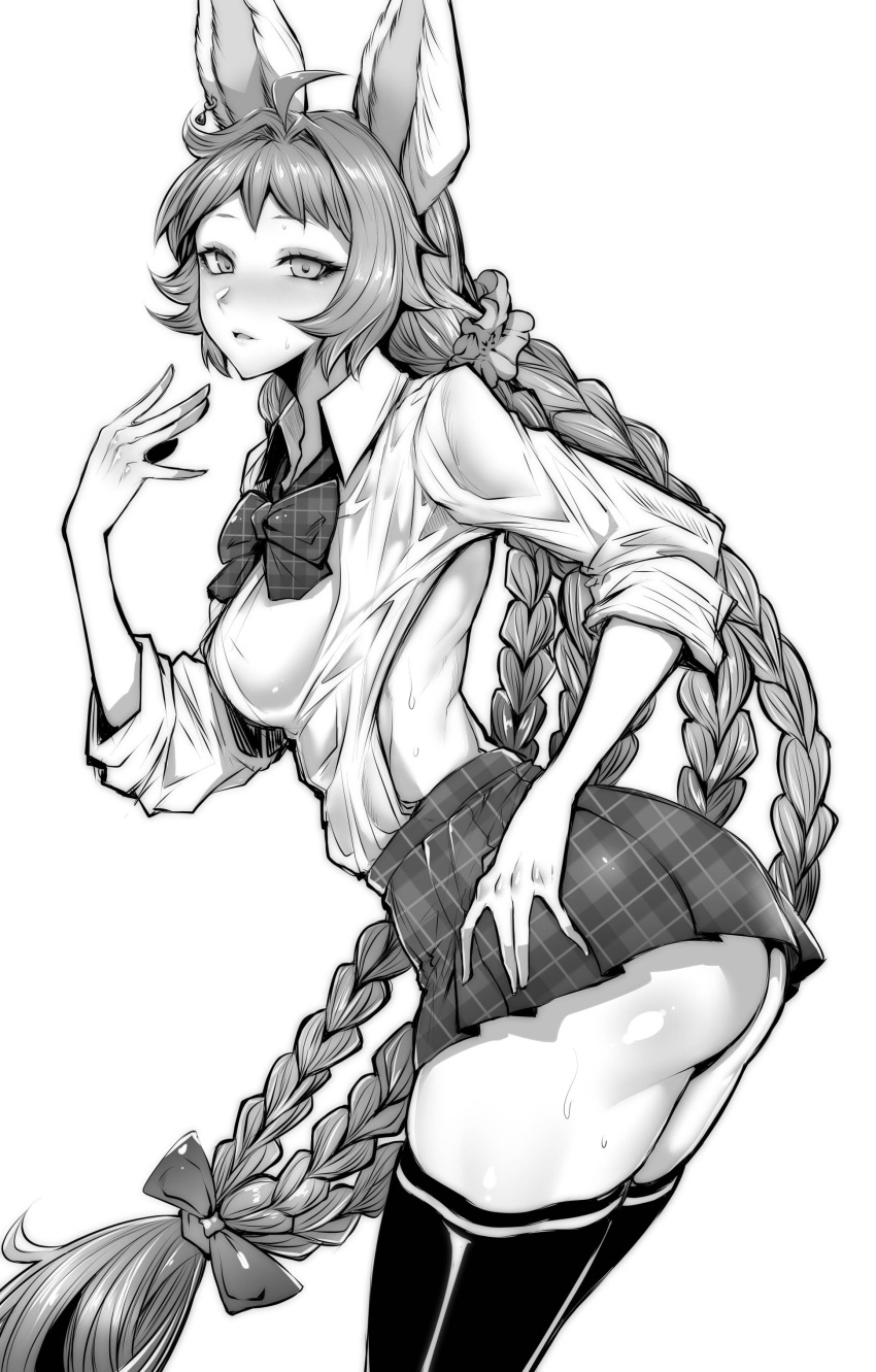 1girl absurdres animal_ears ass blush bow bowtie braid breasts esser gggg granblue_fantasy greyscale highres long_hair looking_at_viewer monochrome school_uniform simple_background skirt solo sweat thigh-highs twin_braids very_long_hair white_background