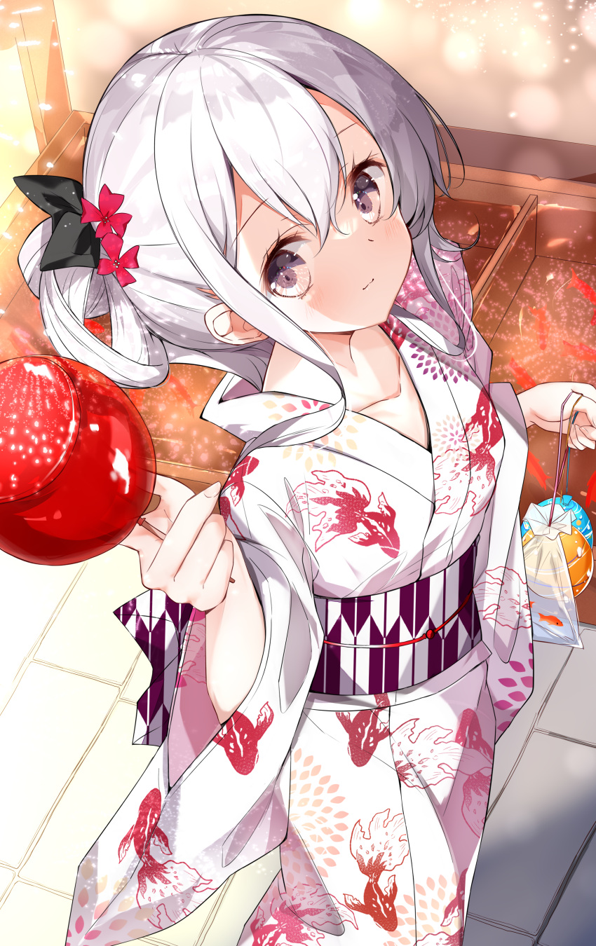 1girl absurdres bangs bow candy candy_apple collarbone commentary_request eyebrows_visible_through_hair fish food from_above giving goldfish goldfish_scooping grey_eyes hair_between_eyes hair_bow hair_ornament hair_ribbon hamaken._(novelize) highres holding holding_candy holding_food japanese_clothes kimono long_hair long_sleeves looking_at_viewer looking_up obi original ponytail ribbon sash sidelocks smile solo summer_festival white_hair wide_sleeves yukata