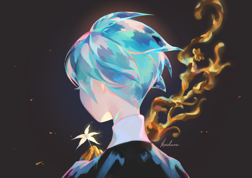 1other androgynous aqua_hair black_background colored_eyelashes commentary_request cracked_skin crystal_hair flower from_behind golden_arms green_hair holding holding_flower houseki_no_kuni koichame nape phosphophyllite short_hair signature solo white_flower