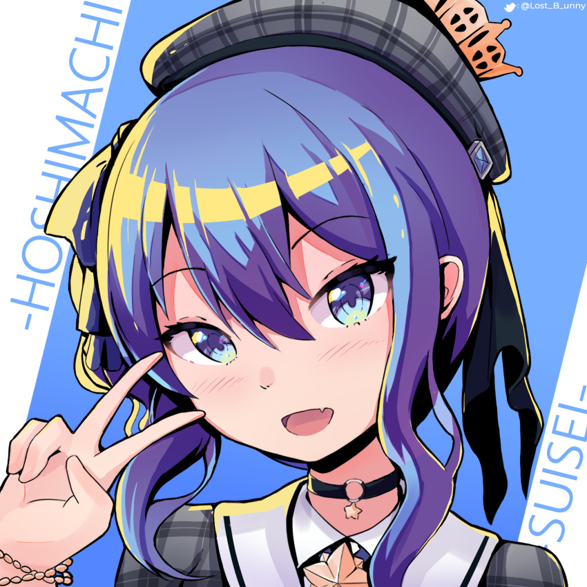 1girl bangs beret black_choker blue_eyes blue_hair bracelet character_name choker commentary eyebrows_visible_through_hair fang hat highres hololive hoshimachi_suisei jacket jewelry looking_at_viewer lost_b'unny o-ring o-ring_choker open_mouth plaid plaid_jacket skin_fang solo twitter_username v virtual_youtuber