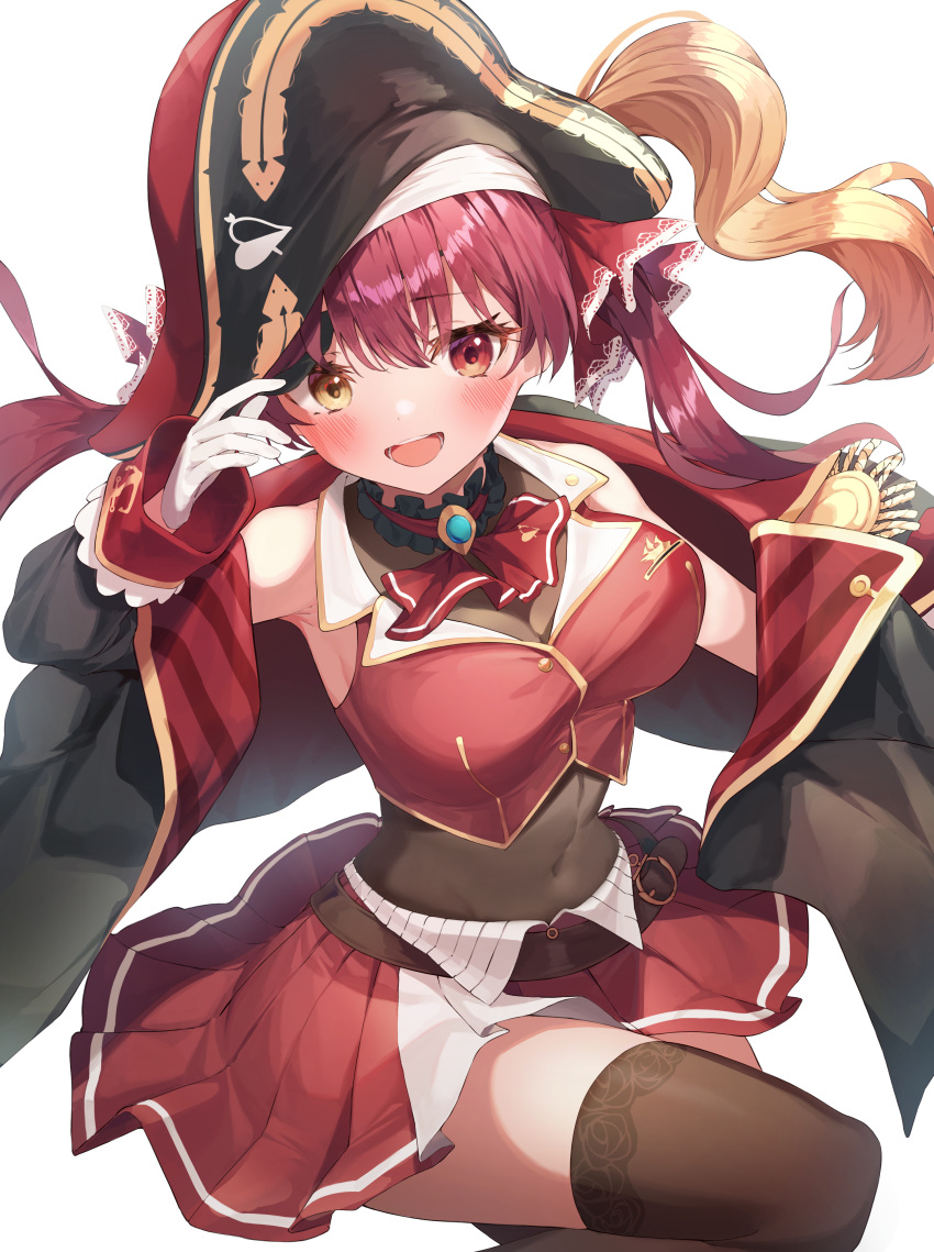 1girl :d absurdres adjusting_clothes adjusting_headwear armpits bangs black_legwear commentary_request eyebrows_visible_through_hair gloves hair_between_eyes hair_ribbon hat heterochromia highres hololive houshou_marine long_hair looking_at_viewer munseonghwa off_shoulder open_mouth pirate_hat pleated_skirt redhead ribbon sidelocks skirt smile solo thigh-highs twintails virtual_youtuber white_background white_gloves zettai_ryouiki