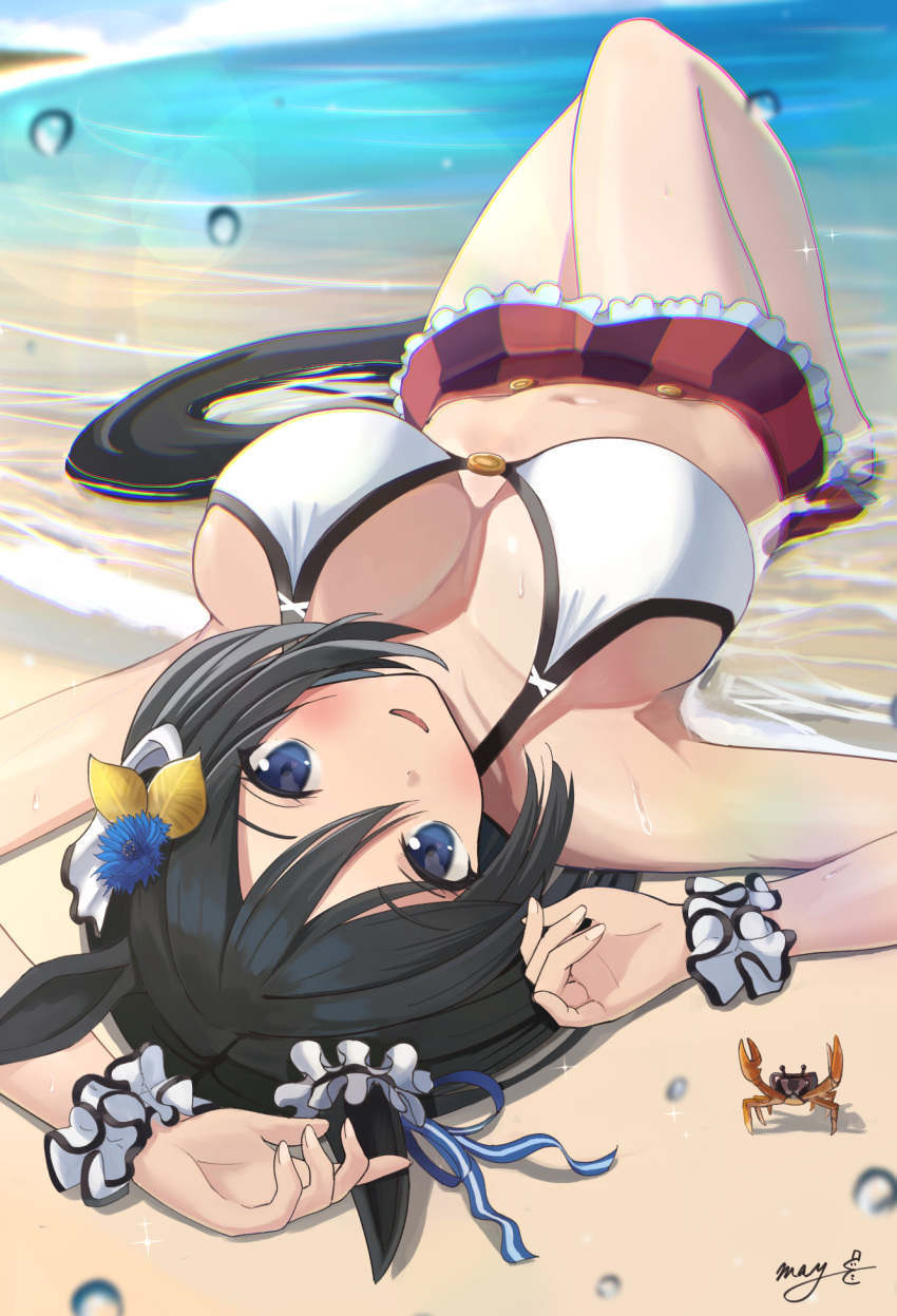 1girl animal animal_ears artist_name bare_arms bare_legs bare_shoulders barefoot beach bikini black_hair blue_eyes blush breasts crab day eishin_flash_(umamusume) eyebrows_visible_through_hair hair_between_eyes highres horse_ears horse_tail large_breasts looking_at_viewer m.a.y. navel ocean open_mouth short_hair signature solo swimsuit tail umamusume upside-down white_bikini