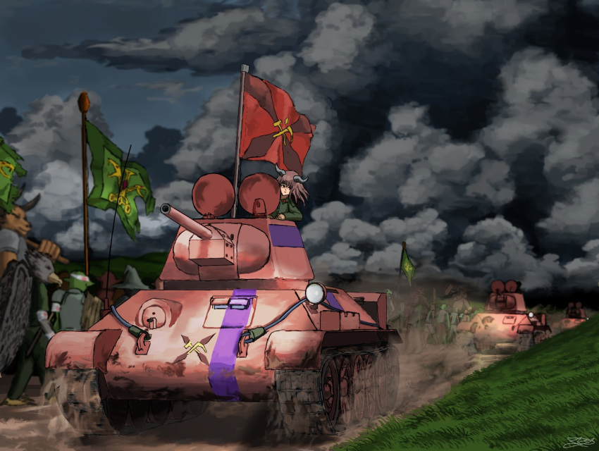 1girl 6+others brown_eyes brown_hair caterpillar_tracks clouds cloudy_sky fantasy flag grass ground_vehicle hans_(pixiv_37537768) highres holding holding_weapon horns landscape military military_uniform military_vehicle motor_vehicle multiple_others original scenery sky t-34 tank uniform weapon