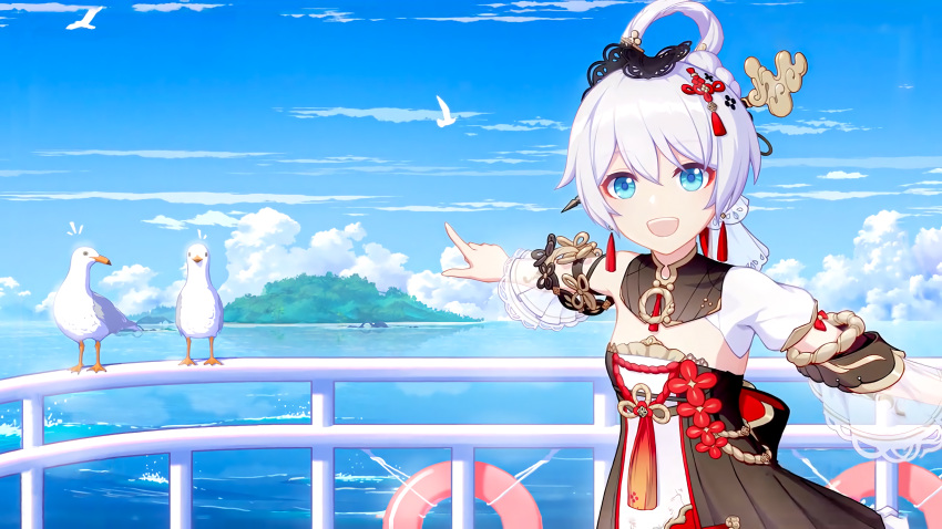 1girl :d bangs bird blue_eyes blue_sky boat breasts chinese_clothes clouds cloudy_sky hair_between_eyes hair_ornament highres honkai_(series) honkai_impact_3rd index_finger_raised island liumang_tu_shua_p_zhan looking_at_viewer ocean open_mouth outdoors pointing seagull sky sleeveless small_breasts smile solo theresa_apocalypse theresa_apocalypse_(starlit_astrologos) watercraft white_hair zhuge_kongming_(honkai_impact)