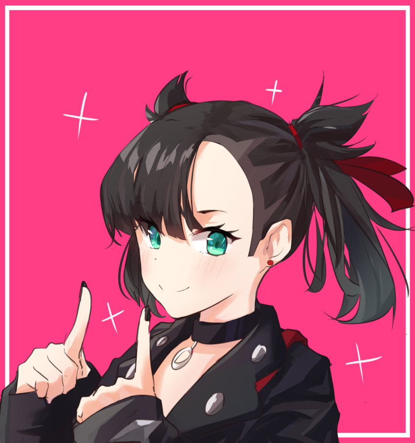 1girl asymmetrical_bangs bangs black_choker black_hair black_jacket black_nails blush choker closed_mouth commentary earrings eyelashes framed green_eyes hair_ribbon hands_up highres jacket jewelry long_sleeves looking_at_viewer marnie_(pokemon) nail_polish pink_background pokemon pokemon_(game) pokemon_swsh red_ribbon ribbon simple_background sinxe80 sleeves_past_wrists smile solo sparkle split_mouth twintails upper_body