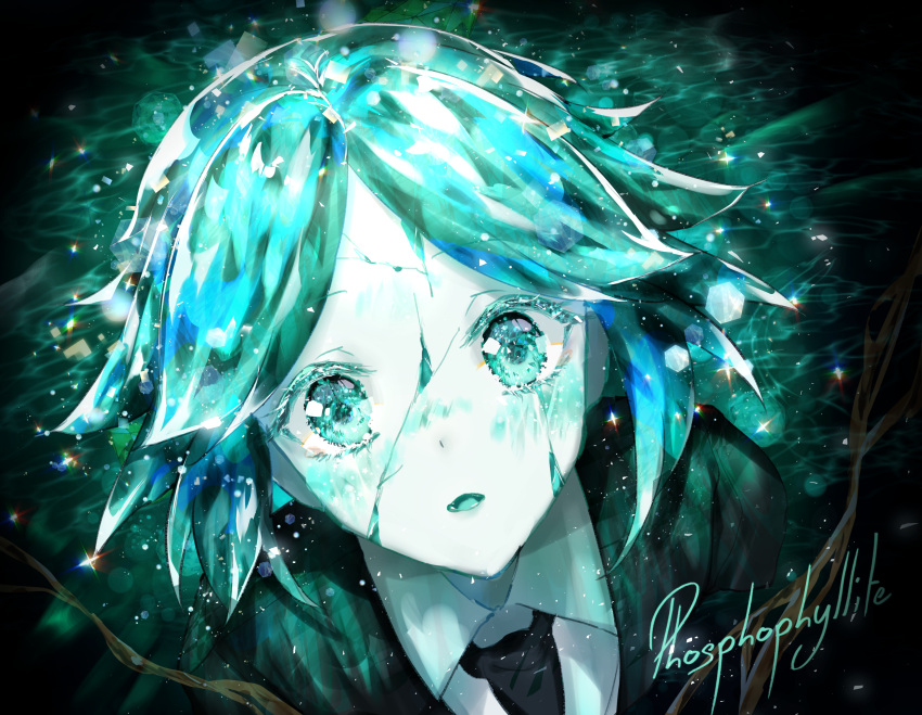 1other absurdres androgynous aqua_eyes aqua_hair bangs black_neckwear blush character_name colored_eyelashes commentary_request cracked_skin crystal_hair english_commentary english_text gem_uniform_(houseki_no_kuni) golden_arms highres houseki_no_kuni kity1211_tetsu looking_at_viewer mixed-language_commentary necktie pale_skin phosphophyllite short_hair smile solo sparkle