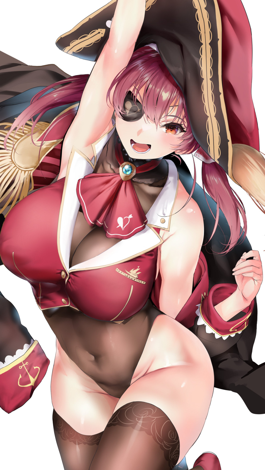 1girl absurdres bangs bicorne black_coat black_eyepatch blush breasts coat eyepatch hair_ribbon hat highres hololive houshou_marine large_breasts leotard long_hair looking_at_viewer off_shoulder open_mouth red_eyes red_ribbon redhead ribbon sheer_leotard shino_(comic_penguin_club) smile solo thigh-highs thighs twintails virtual_youtuber
