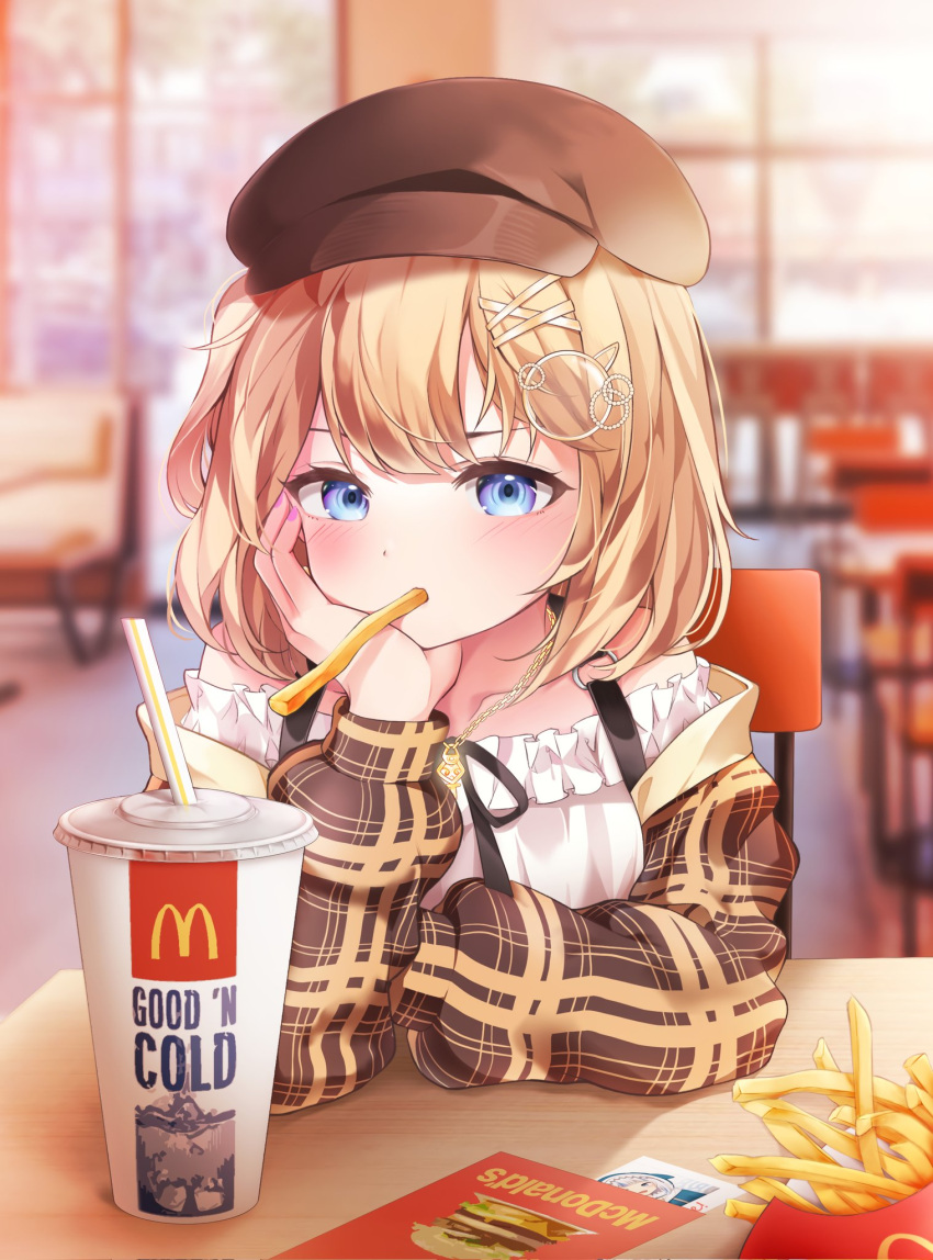 1girl bangs blonde_hair blurry blurry_background blush brown_headwear cup disposable_cup eyebrows_behind_hair food food_in_mouth french_fries gawr_gura hair_ornament hand_on_own_face highres hololive hololive_english indoors looking_at_viewer mcdonald's meul monocle_hair_ornament short_hair sitting solo sticker watson_amelia