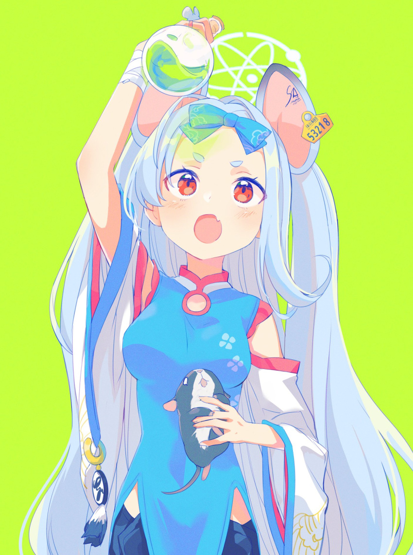 animal_ears blue_archive blush breasts chinese_clothes detached_sleeves fang green_background hair_ribbon halo highres kyuuri_(miyako) long_hair medium_breasts mouse_ears open_mouth rat red_eyes ribbon saya_(blue_archive) silver_hair simple_background vial