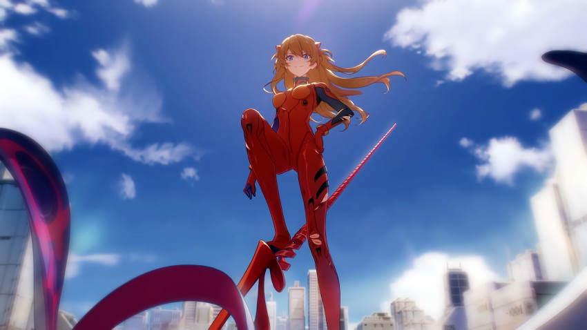 1girl blue_eyes blue_sky brown_hair city closed_mouth clouds cloudy_sky commentary crossover full_body hand_on_hip highres honkai_(series) honkai_impact_3rd lance_of_longinus liumang_tu_shua_p_zhan long_hair looking_at_viewer neon_genesis_evangelion plugsuit polearm sky smile solo souryuu_asuka_langley spear standing third-party_edit third-party_source twintails weapon