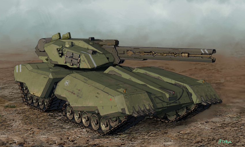 absurdres caterpillar_tracks ground_vehicle highres mechium military military_vehicle motor_vehicle no_humans original scenery science_fiction signature sky tank