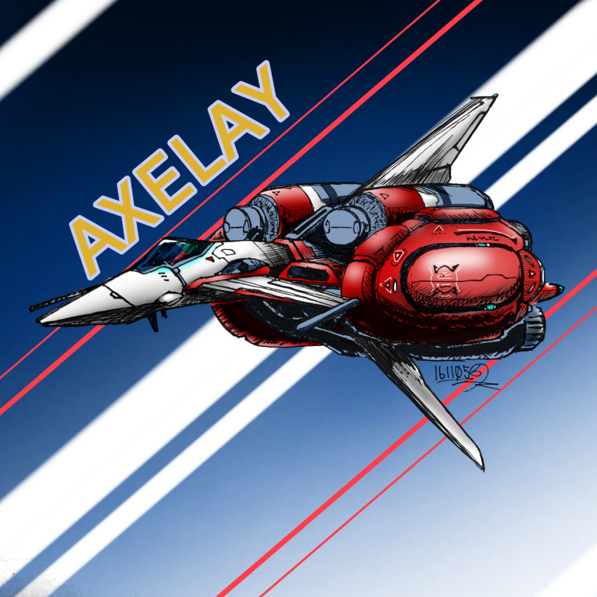 axelay character_name copyright_name d-117_axelay dated gradient gradient_background highres no_humans rkgksg_(seintoraibura) simple_background space_craft striped striped_background