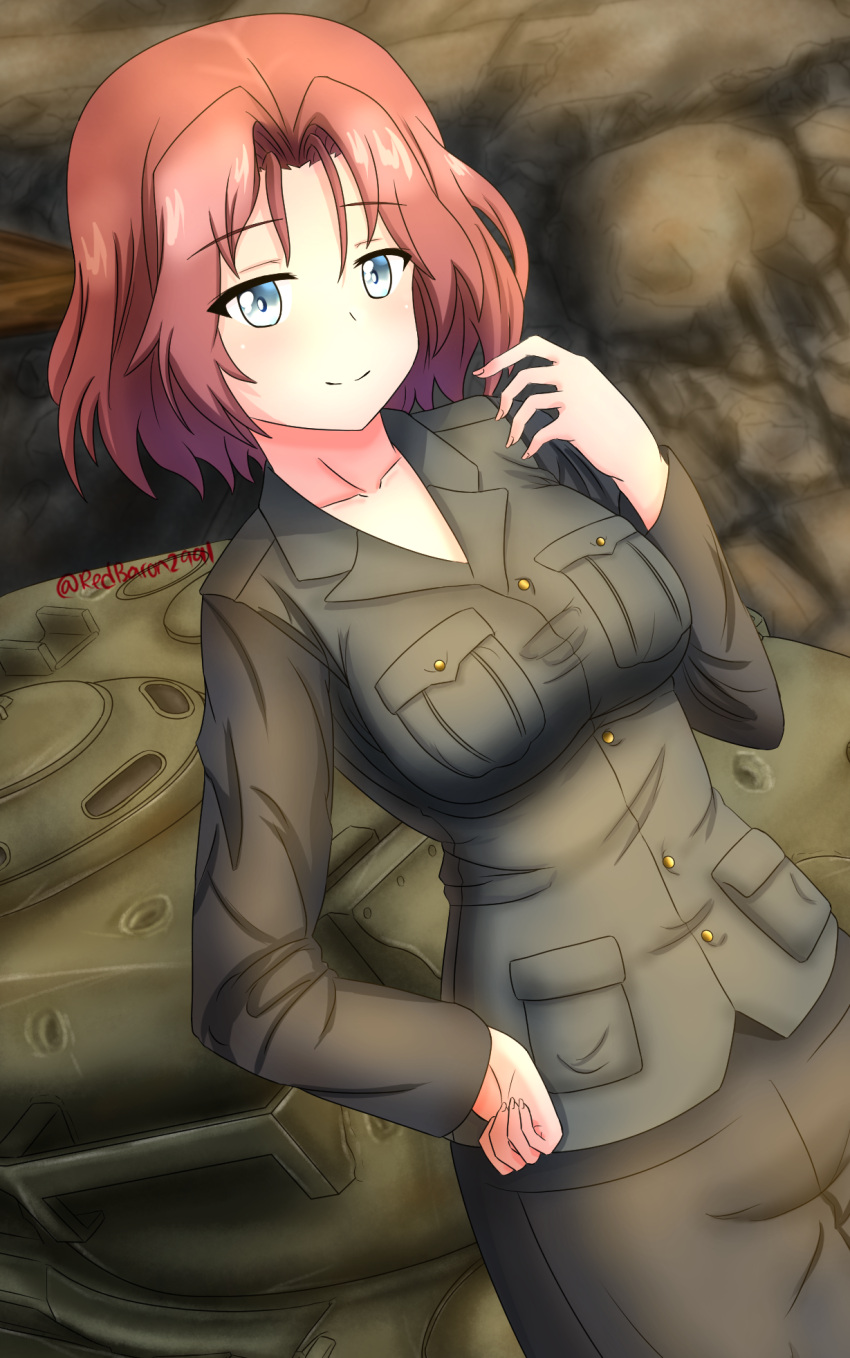 1girl artist_name azumi_(girls_und_panzer) blue_eyes breasts brown_hair day girls_und_panzer ground_vehicle highres m26_pershing military military_vehicle motor_vehicle redbaron rock selection_university_military_uniform short_hair smile solo tank tank_turret