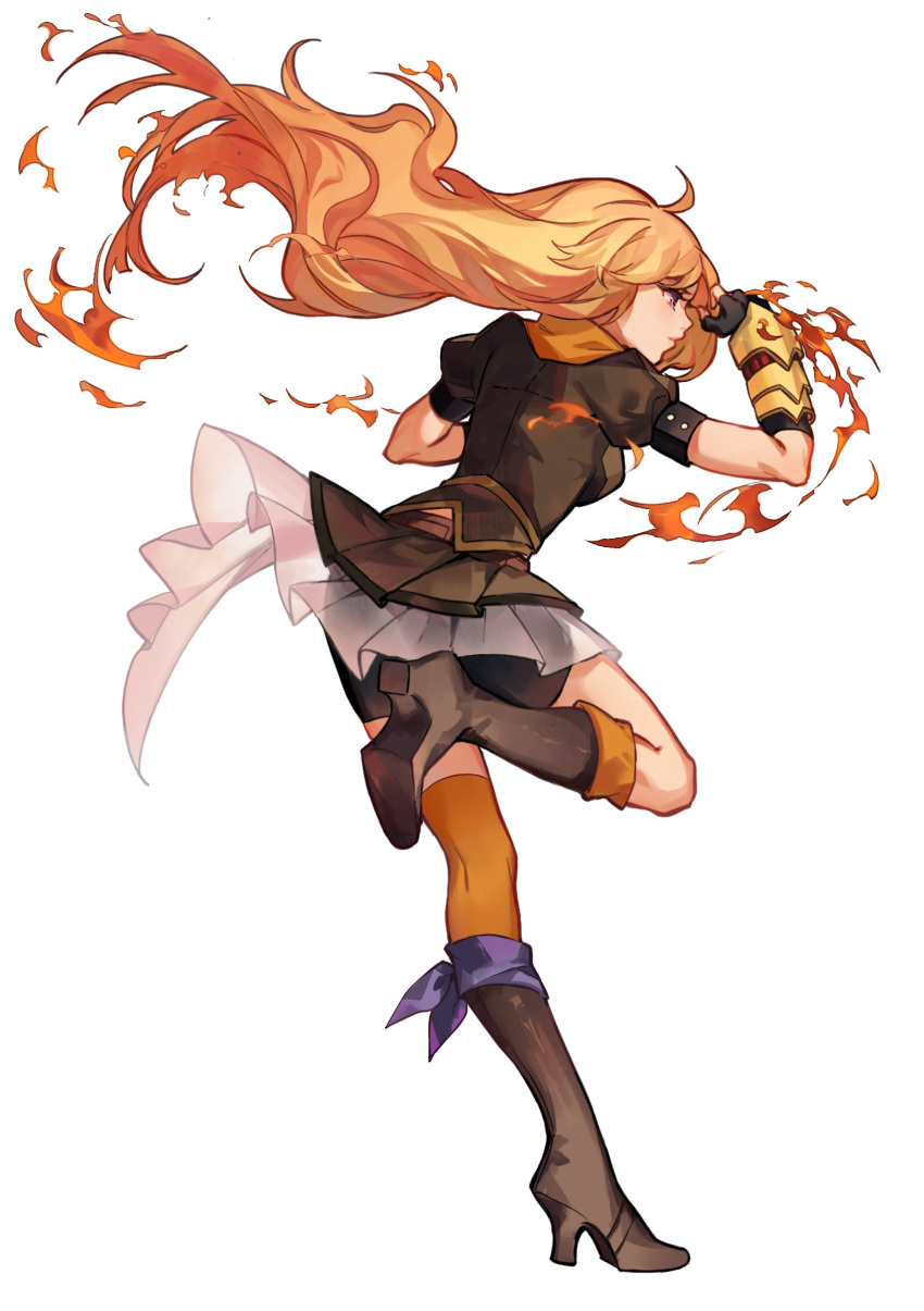 1girl absurdres blonde_hair boots brown_footwear brown_jacket brown_skirt clenched_hand english_commentary fire floating_hair from_side highres jacket kaneblob long_hair official_art rwby skirt solo standing standing_on_one_leg yang_xiao_long yellow_eyes