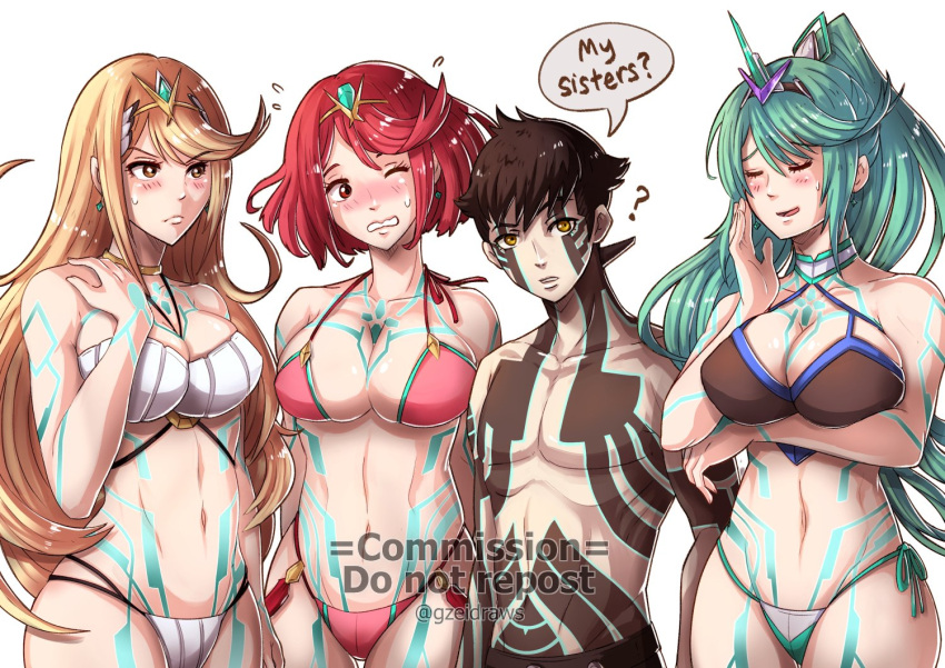 1boy 3girls bangs bikini black_hair blonde_hair blush breasts chest_jewel closed_eyes earrings full-body_tattoo gzei headpiece hitoshura jewelry large_breasts long_hair looking_at_viewer multiple_girls mythra_(xenoblade) navel pneuma_(xenoblade) ponytail pyra_(xenoblade) red_eyes redhead shin_megami_tensei shin_megami_tensei_iii:_nocturne shirtless short_hair simple_background smile swept_bangs swimsuit tattoo tiara xenoblade_chronicles_(series) xenoblade_chronicles_2 yellow_eyes