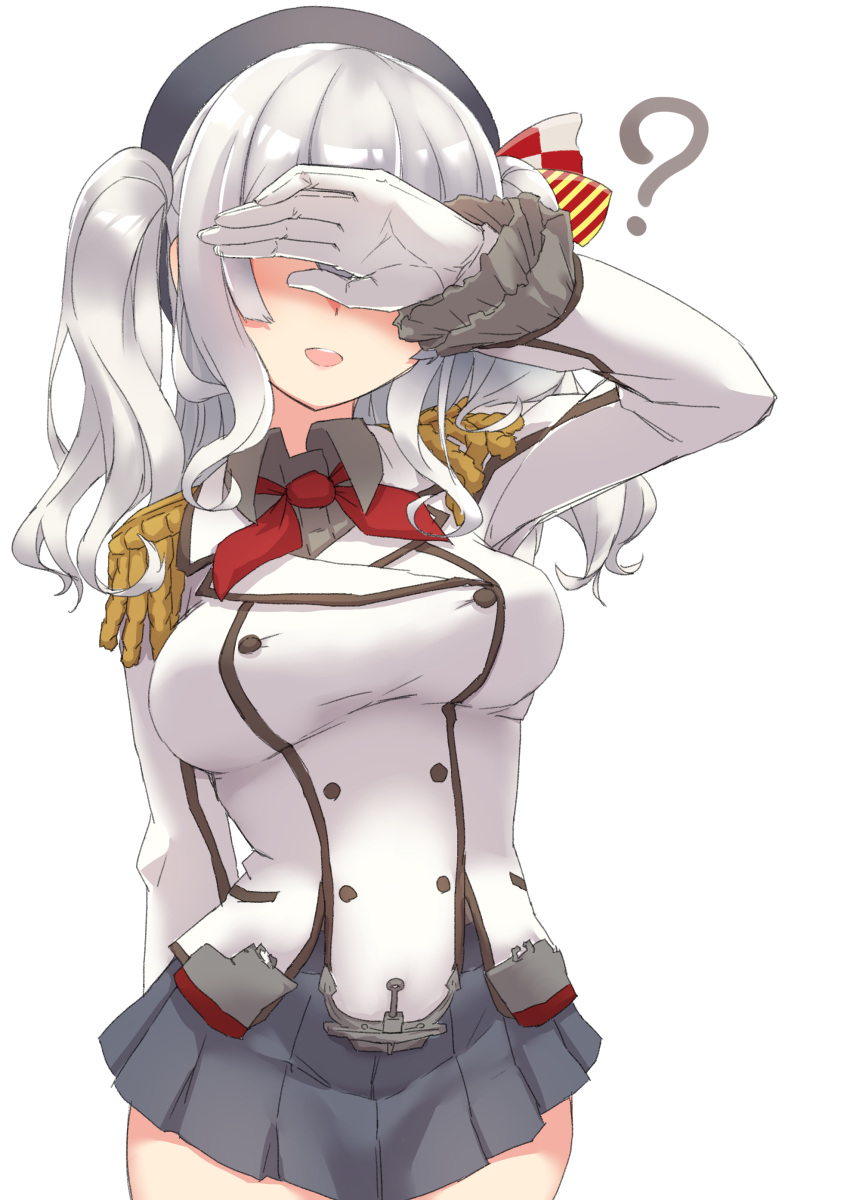 1girl ? absurdres beret black_headwear black_skirt breasts covering_eyes epaulettes frilled_sleeves frills gloves hat highres jacket kantai_collection kashima_(kancolle) kerchief large_breasts military military_jacket military_uniform miniskirt namaata neckerchief pleated_skirt red_neckwear silver_hair skirt solo twintails uniform wavy_hair white_gloves white_jacket