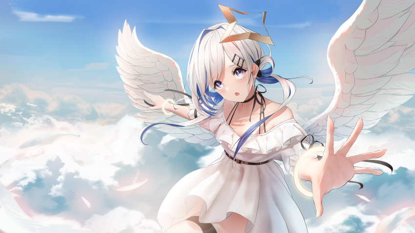 1girl absurdres alternate_costume alternate_hairstyle amane_kanata angel angel_wings bangs belt belt_buckle black_belt black_neckwear black_ribbon blue_hair blue_sky buckle clouds cloudy_sky commentary_request day dress eyebrows_visible_through_hair feathered_wings feathers flying hair_ornament hair_rings hairclip halo highres hololive long_hair looking_at_viewer multicolored_hair neck_ribbon open_hand open_mouth outstretched_hand revision ribbon short_dress sky solo spaghetti_strap star_(symbol) star_hair_ornament streaked_hair thigh_strap tied_hair two-tone_hair violet_eyes virtual_youtuber wanne white_dress white_hair wings