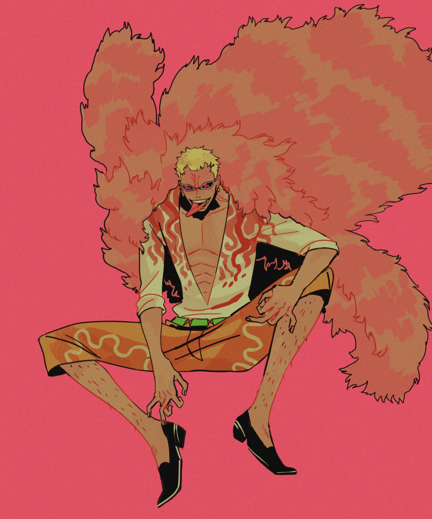 1boy blonde_hair dark-skinned_male dark_skin donquixote_doflamingo fur_coat highres leg_hair one_piece pink_background sarakipin shoes sitting sleeves_rolled_up solo sunglasses tongue tongue_out unbuttoned unbuttoned_shirt