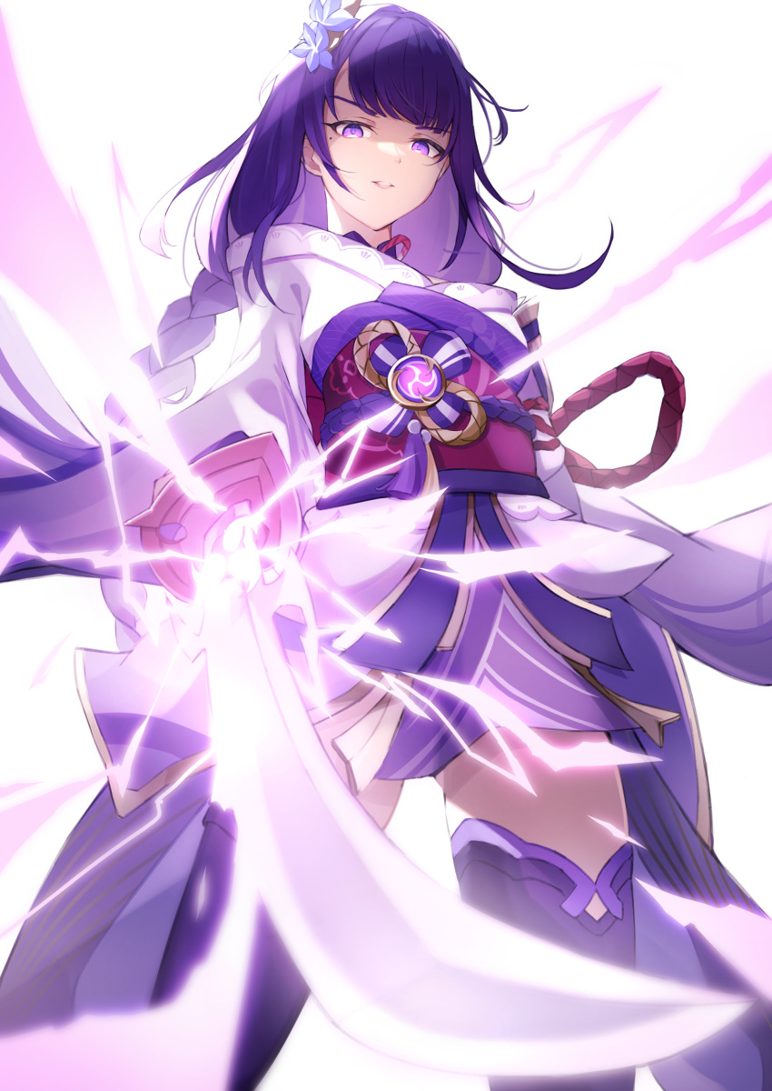 1girl absurdres armor bangs braid breasts coattails commentary_request electricity flower genshin_impact hair_ornament highres holding holding_sword holding_weapon japanese_clothes katana kimono long_hair looking_at_viewer mole mole_under_eye obi obiage obijime open_mouth purple_flower purple_hair raiden_(genshin_impact) ribbon sash shoulder_armor simple_background solo sword tassel thigh-highs thighs violet_eyes weapon white_background yutoriko_(candy0905)