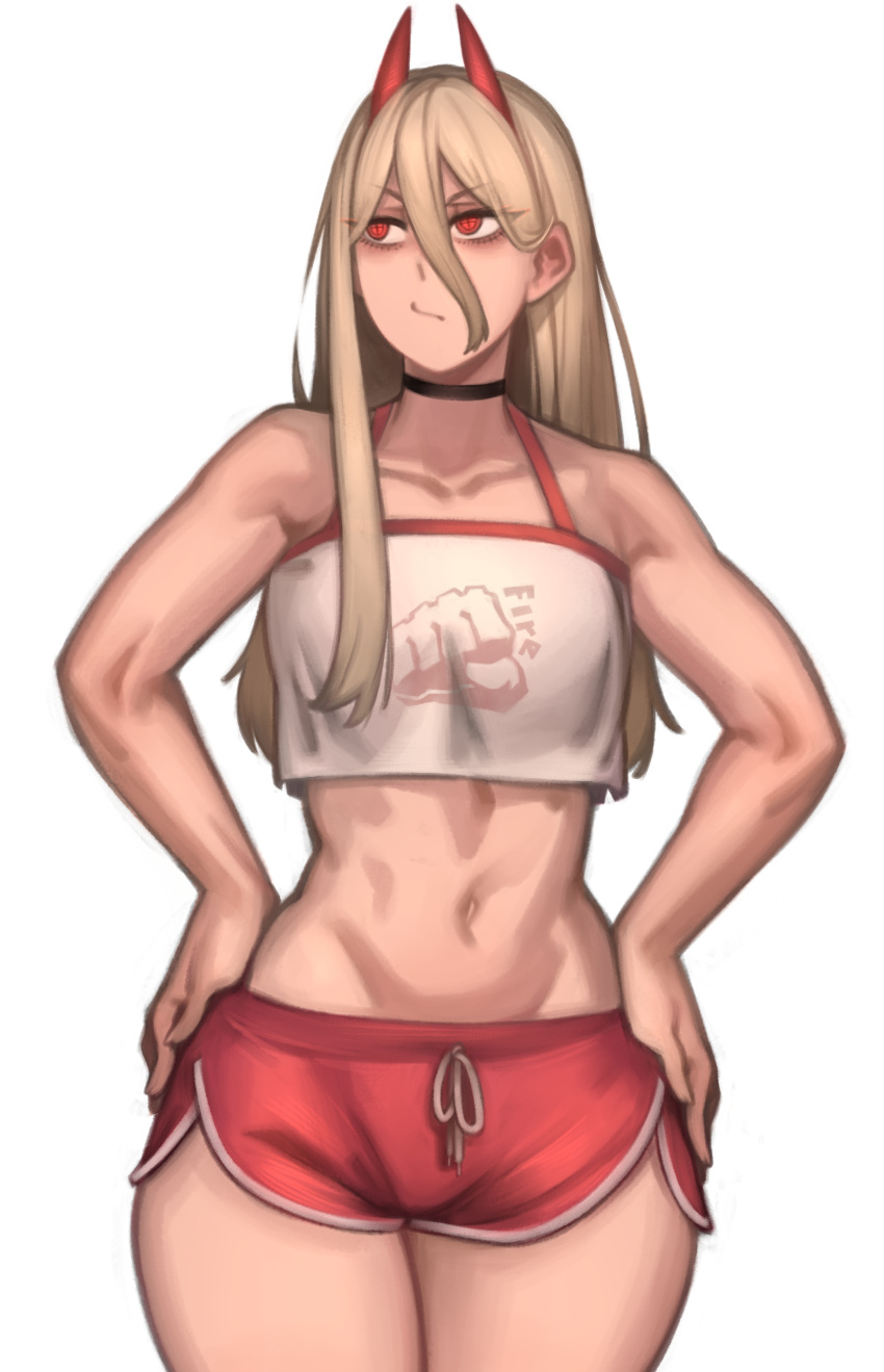 1girl absurdres black_choker blonde_hair breasts casual chainsaw_man choker closed_mouth collarbone crosshair_pupils demon_horns dolphin_shorts english_text hair_between_eyes hair_over_breasts hair_over_one_breast hands_on_hips highres horns kelvin_hiu long_hair looking_to_the_side navel pout power_(chainsaw_man) print_tank_top red_eyes red_horns red_shorts shorts simple_background small_breasts solo tank_top toned upper_body white_background white_tank_top
