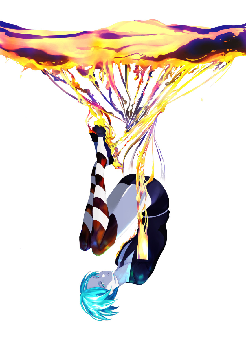 1other absurdres androgynous aqua_eyes aqua_hair bangs colored_eyelashes commentary_request crystal_hair gem_uniform_(houseki_no_kuni) gold golden_arms highres houseki_no_kuni looking_at_viewer molten_metal necktie neronero00 phosphophyllite short_hair short_sleeves shorts smile solo upside-down white_background