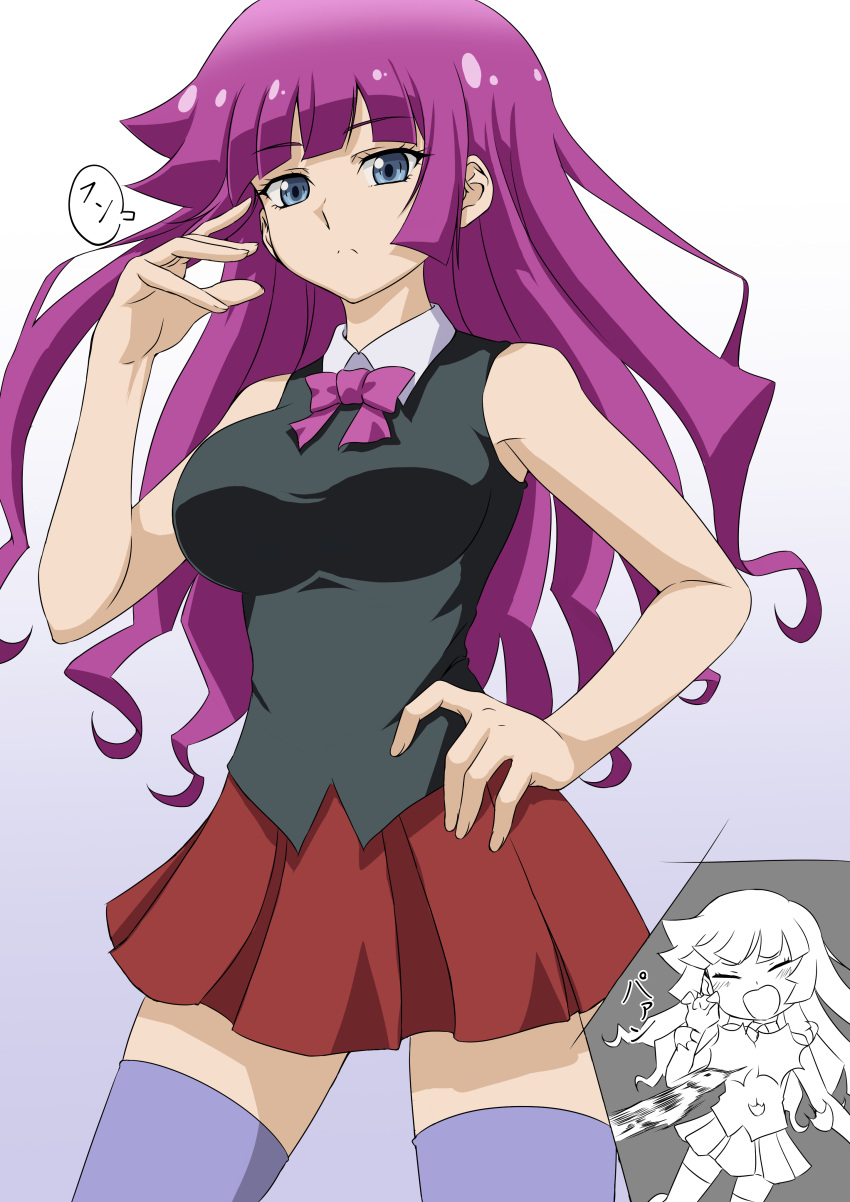 1girl absurdres alternate_breast_size bare_shoulders black_shirt blue_eyes breasts eyebrows_visible_through_hair hand_on_hip highres kirishima_romin long_hair medium_breasts muto_dt purple_hair red_skirt shirt skirt thigh-highs yu-gi-oh! yu-gi-oh!_sevens