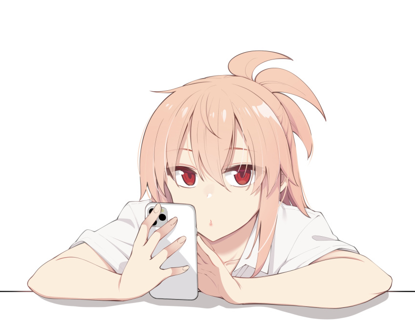 1girl akino_sora bangs cellphone closed_mouth collared_shirt eyebrows_visible_through_hair hair_between_eyes highres holding holding_phone looking_at_viewer original phone pink_hair red_eyes shirt short_sleeves simple_background solo upper_body white_background white_shirt