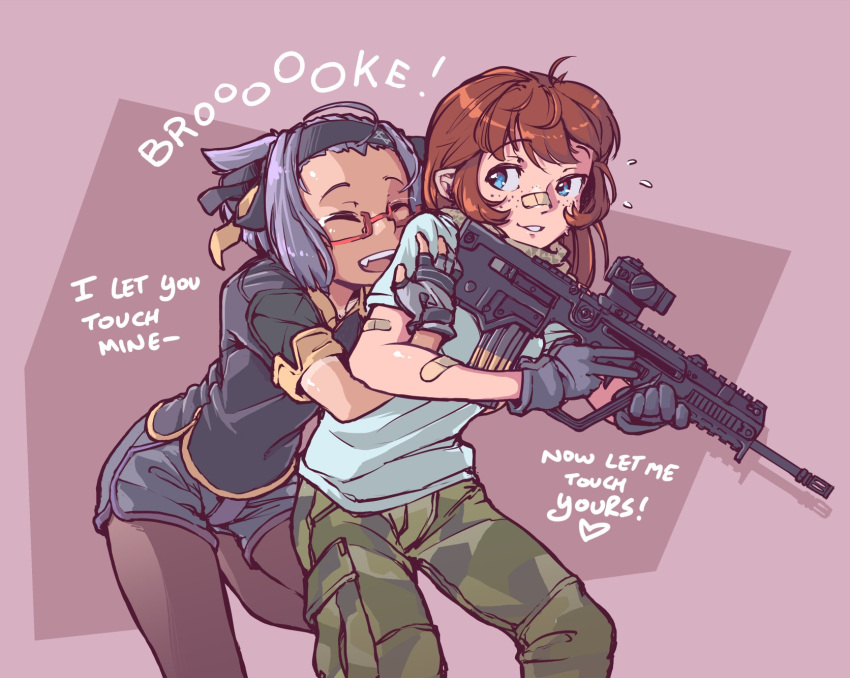 2girls bandaid bandaid_on_nose black_gloves blue_eyes borrowed_character brooke_(mathias_leth) brown_hair brown_legwear bullpup camouflage camouflage_pants cargo_pants dolphin_shorts english_commentary english_text fang fingerless_gloves freckles glasses gloves gun highres holding holding_gun holding_weapon hug hug_from_behind iwi_x95 jarv legwear_under_shorts multiple_girls original pants pantyhose purple_hair red-framed_eyewear semi-rimless_eyewear shirt short_hair shorts t-shirt under-rim_eyewear upper_teeth weapon x95_(jarv) yuri