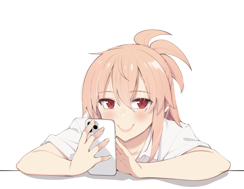 1girl akino_sora bangs blush cellphone closed_mouth collared_shirt eyebrows_visible_through_hair hair_between_eyes highres holding holding_phone looking_at_viewer original phone pink_hair red_eyes shirt short_sleeves simple_background smile solo upper_body white_background white_shirt