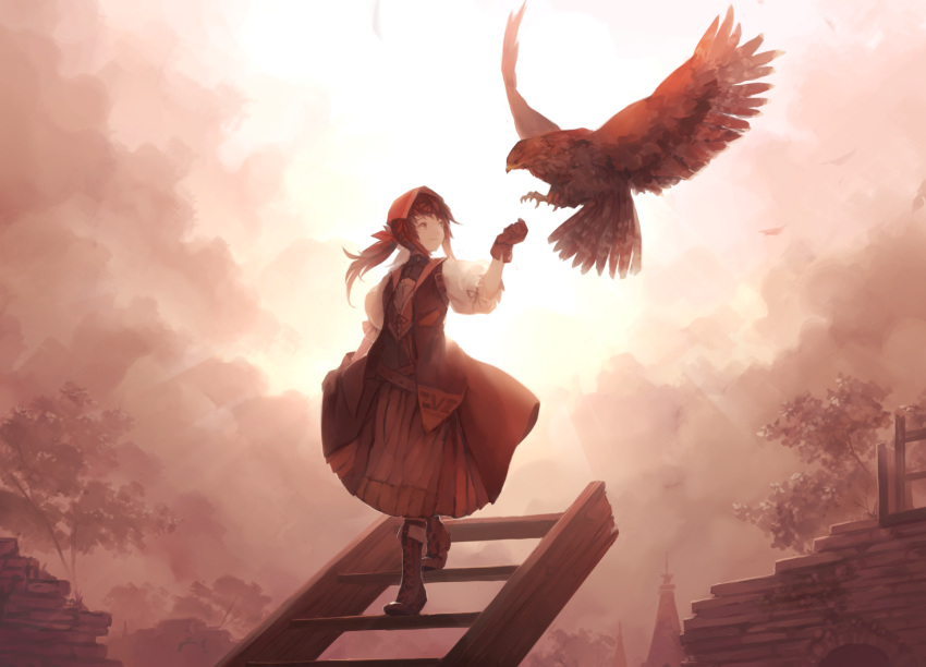 1girl bird boots brown_hair clouds cloudy_sky cross-laced_footwear dress falcon falcon_(girls_frontline) falconry girls_frontline gloves highres lace-up_boots long_hair outstretched_arm sky solo stairs suginakara_(user_ehfp8355) sunset traditional_clothes