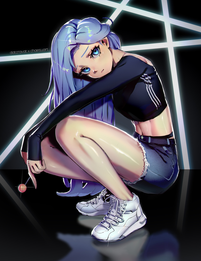 1girl adidas artist_name blue_eyes blue_hair borrowed_character breasts candy commission cropped_sweater cutoffs datcravat denim denim_shorts food full_body highres holding holding_candy holding_food light_beam lollipop long_hair looking_at_viewer minah_(chaesu) navel off_shoulder original reflective_floor shoes shorts sleeveless sneakers solo squatting stomach toned white_footwear