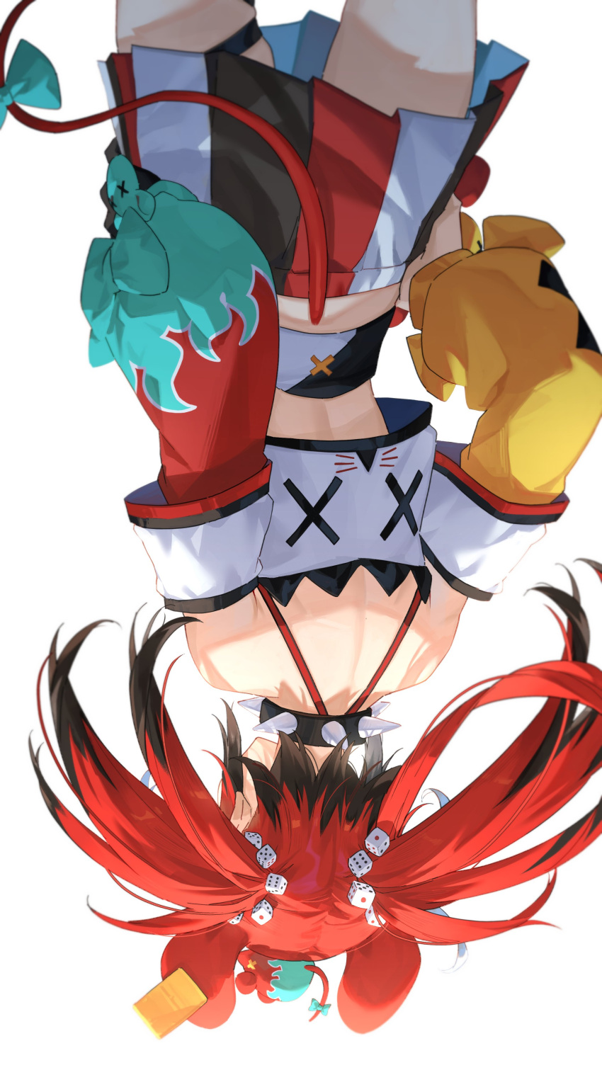 1girl absurdres animal_ears back black_hair bow collar detached_sleeves dice_hair_ornament hair_ornament hakos_baelz highres hololive hololive_english mouse_ears mouse_tail multicolored_hair rat redhead simple_background skirt solo spiked_collar spikes tail tail_bow tail_ornament tsukino_(nakajimaseiki) twintails upside-down virtual_youtuber white_background