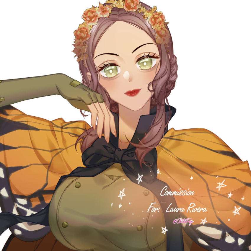1girl braid breasts brown_hair butterfly_cape_(webtoon) butterfly_costume buttons cape cloak commission elva_(butterfly_cape) flower green_eyes green_shirt hair_flower hair_ornament hand_on_own_face head_wreath highres large_breasts long_sleeves monarch_butterfly okitafuji red_lips shirt side_braid solo upper_body white_background witch