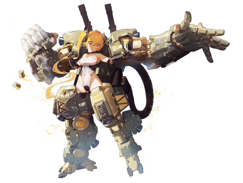 1girl bangs blonde_hair breasts clenched_hand clothing_cutout exoskeleton eyebrows_visible_through_hair hair_between_eyes highres hitomoji_momotarou leotard long_hair mecha medium_breasts navel open_hand original red_eyes science_fiction shell_casing shoulder_cannon solo stomach_cutout twintails white_background white_leotard