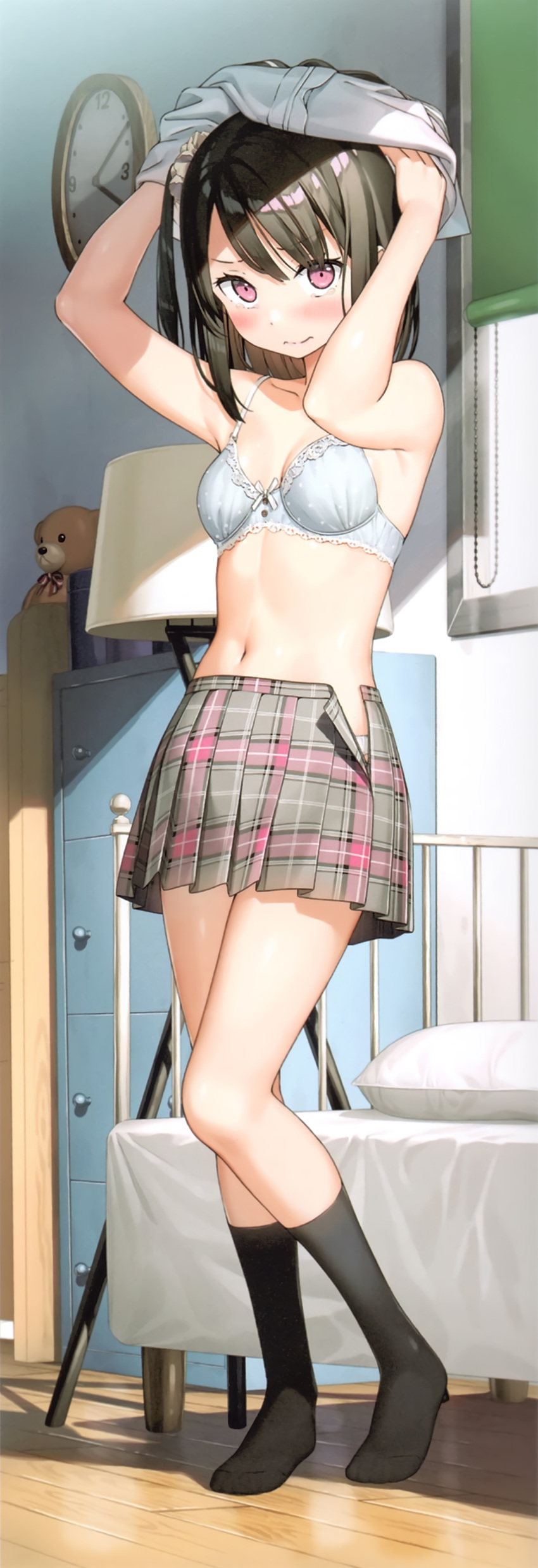 1girl 3: absurdres arms_up bed black_hair black_legwear blue_bra blush bra breasts closed_mouth contrapposto highres indoors kantoku looking_at_viewer medium_hair navel one_side_up open_fly original panties pink_eyes plaid plaid_skirt pleated_skirt scan shizuku_(kantoku) skirt small_breasts socks solo standing underwear undressing