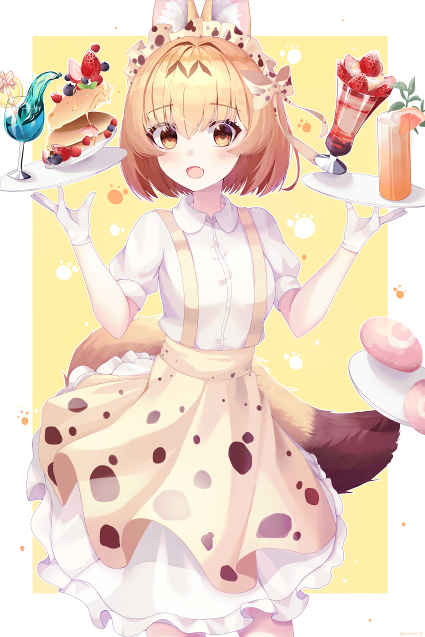 1girl :d absurdres adapted_costume alternate_costume animal_ears blonde_hair collared_shirt cowboy_shot enmaided fang gloves high-waist_skirt highres holding holding_tray kemono_friends looking_at_viewer maid maid_headdress multicolored_hair open_mouth print_skirt puffy_short_sleeves puffy_sleeves serval_(kemono_friends) serval_print shirt short_hair short_sleeves skirt smile solo streaked_hair suspender_skirt suspenders tail tray unwoo770122 waitress white_gloves white_shirt yellow_eyes