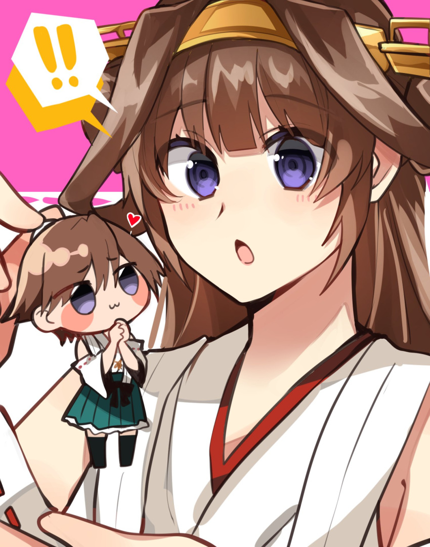! !! 1girl ahoge brown_hair character_doll detached_sleeves double_bun hairband headgear hiei_(kancolle) highres japanese_clothes kantai_collection katsuobushi_(eba_games) kongou_(kancolle) long_hair open_mouth ribbon-trimmed_sleeves ribbon_trim solo spoken_exclamation_mark upper_body violet_eyes