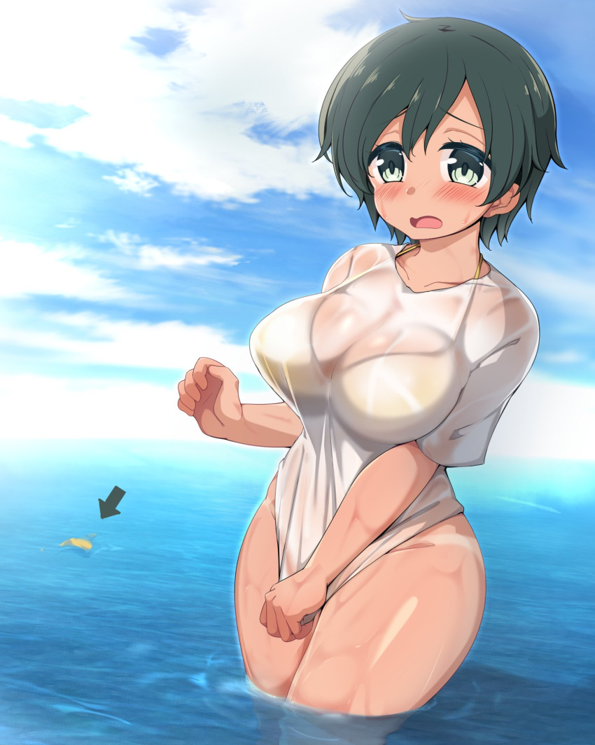 1girl alternate_breast_size arrow_(symbol) bikini bikini_bottom_removed bikini_under_clothes black_hair blue_sky breasts clouds covering covering_crotch day green_eyes highres kantai_collection kurokoshou_(emuburemu123) large_breasts mogami_(kancolle) ocean outdoors shirt shirt_tug short_hair sky soaking_feet solo standing swimsuit swimsuit_under_clothes t-shirt tan tanlines water white_shirt