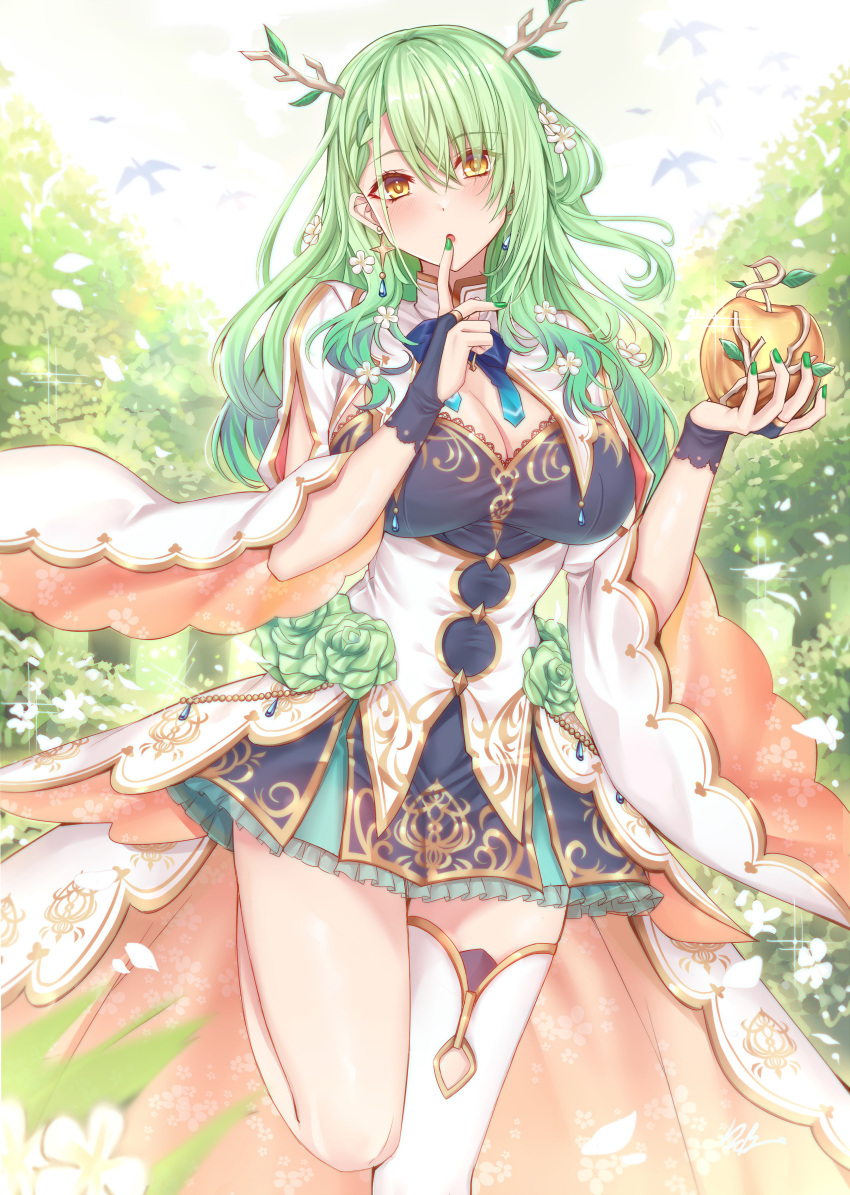 1girl absurdres bangs blush breasts ceres_fauna dress earrings eyebrows_visible_through_hair flower food fruit gloves green_eyes green_nails gu_li hair_flower hair_ornament highres holding holding_food holding_fruit hololive hololive_english horns jewelry large_breasts long_hair looking_at_viewer nail_polish outdoors parted_lips single_thighhigh solo thigh-highs thighs virtual_youtuber white_legwear yellow_eyes