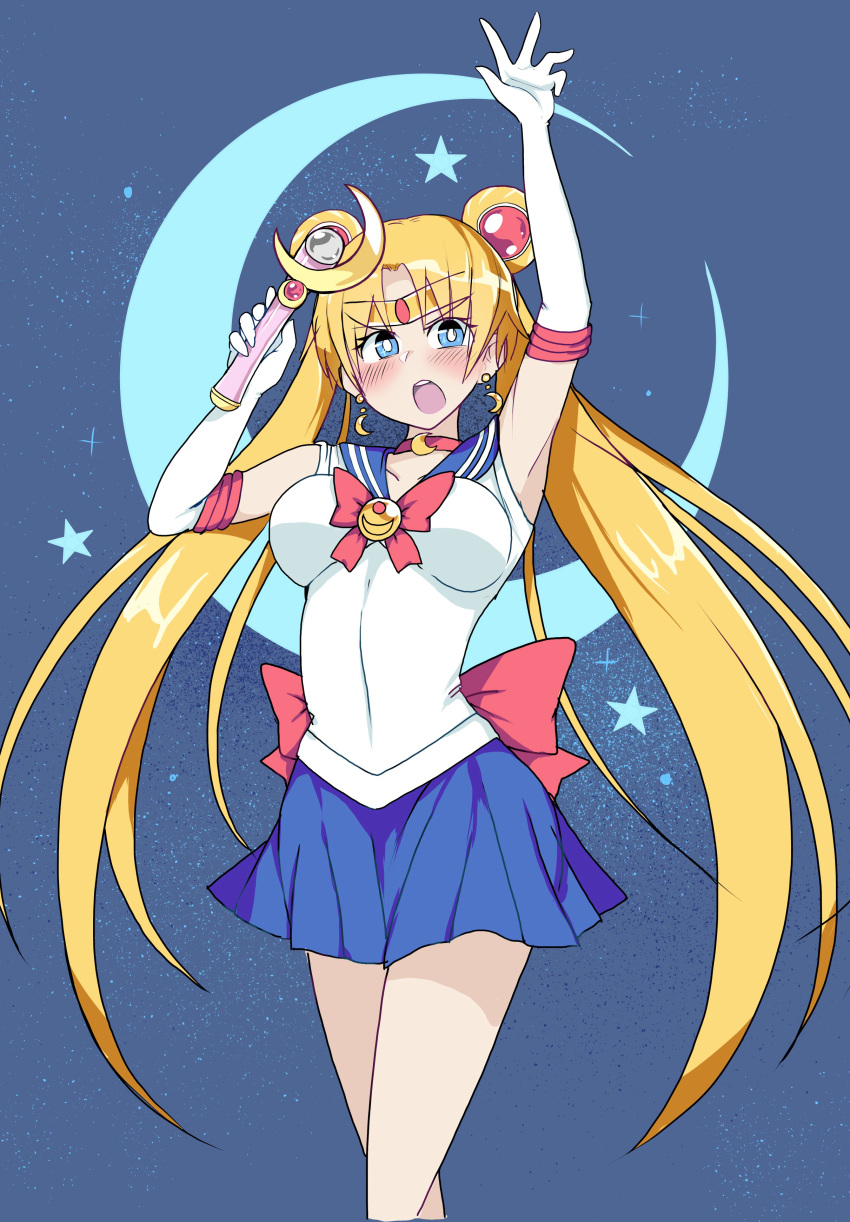 1girl absurdres arms_up bishoujo_senshi_sailor_moon blonde_hair blue_sailor_collar blush_stickers circlet cowboy_shot crescent crescent_earrings crescent_moon double_bun earrings elbow_gloves gloves highres impossible_clothes impossible_shirt jewelry long_hair magical_girl miniskirt moon night night_sky open_mouth pleated_skirt sailor_collar sailor_moon sailor_senshi_uniform school_uniform serafuku shirt skirt sky solo star_(sky) thighs tsukino_usagi very_long_hair wand white-stew