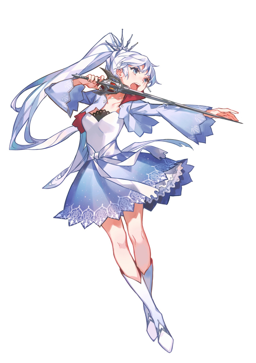 1girl absurdres blue_dress blue_footwear blue_jacket boots breasts collarbone cropped_jacket dress english_commentary floating_hair head_tilt highres holding holding_sword holding_weapon jacket kaneblob long_hair medium_breasts official_art open_mouth ponytail rapier rwby solo sword weapon weiss_schnee white_hair
