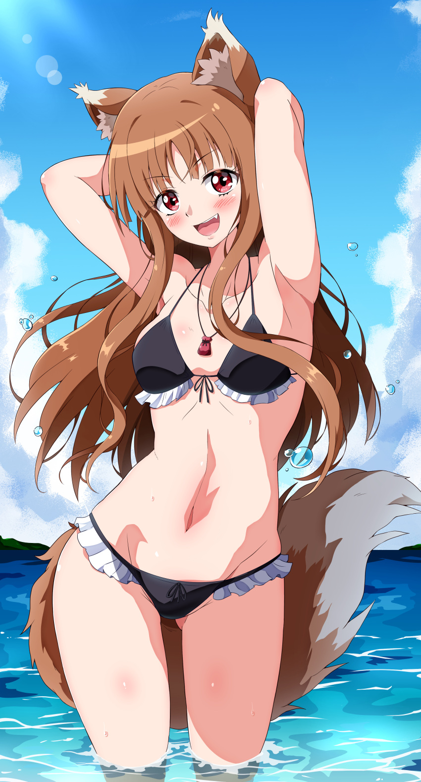 1girl :d absurdres animal_ear_fluff animal_ears armpits arms_behind_head bangs bikini black_bikini blue_sky blunt_bangs blush breasts brown_hair clouds day eggman_(pixiv28975023) eyebrows_visible_through_hair highres holo long_hair looking_at_viewer medium_breasts navel ocean open_mouth partially_submerged pouch red_eyes sky smile solo spice_and_wolf summer swimsuit tail upper_teeth water wolf_ears wolf_girl wolf_tail