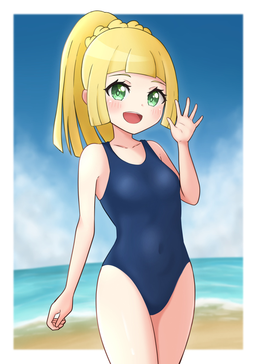 1girl :d alternate_costume bangs bare_arms blonde_hair blush border breasts collarbone commentary_request covered_navel day eyelashes green_eyes hand_up highres lillie_(pokemon) long_hair looking_at_viewer open_mouth outdoors outside_border pokemon pokemon_(game) pokemon_sm ponytail ppmmkoko360 sand school_swimsuit shiny shiny_skin shore sky smile solo swimsuit tongue upper_teeth water white_border