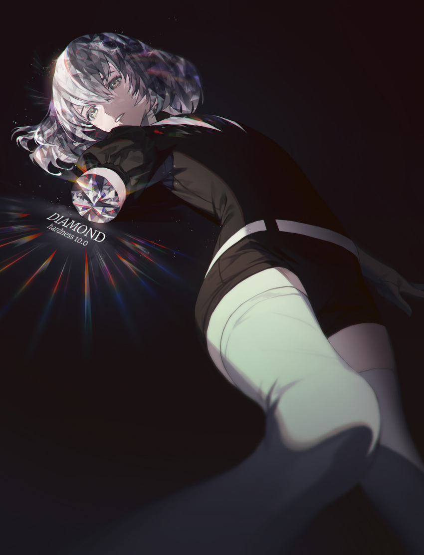 1other amputee androgynous belt black_neckwear character_name commentary_request crystal_hair diamond_(houseki_no_kuni) english_text fajyobore gem_uniform_(houseki_no_kuni) gloves grey_eyes grey_hair highres houseki_no_kuni lying necktie on_back shirt short_hair short_sleeves shorts solo thigh-highs white_gloves white_legwear