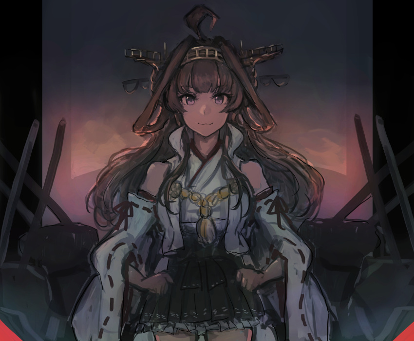 1girl :3 absurdres ahoge bangs breasts closed_mouth commentary detached_sleeves double_bun eyebrows_visible_through_hair frilled_skirt frills hands_on_hips headgear highres japanese_clothes kantai_collection kongou_(kancolle) long_hair looking_at_viewer moor popped_collar remodel_(kantai_collection) ribbon-trimmed_sleeves ribbon_trim rigging simple_background skirt solo violet_eyes wide_sleeves